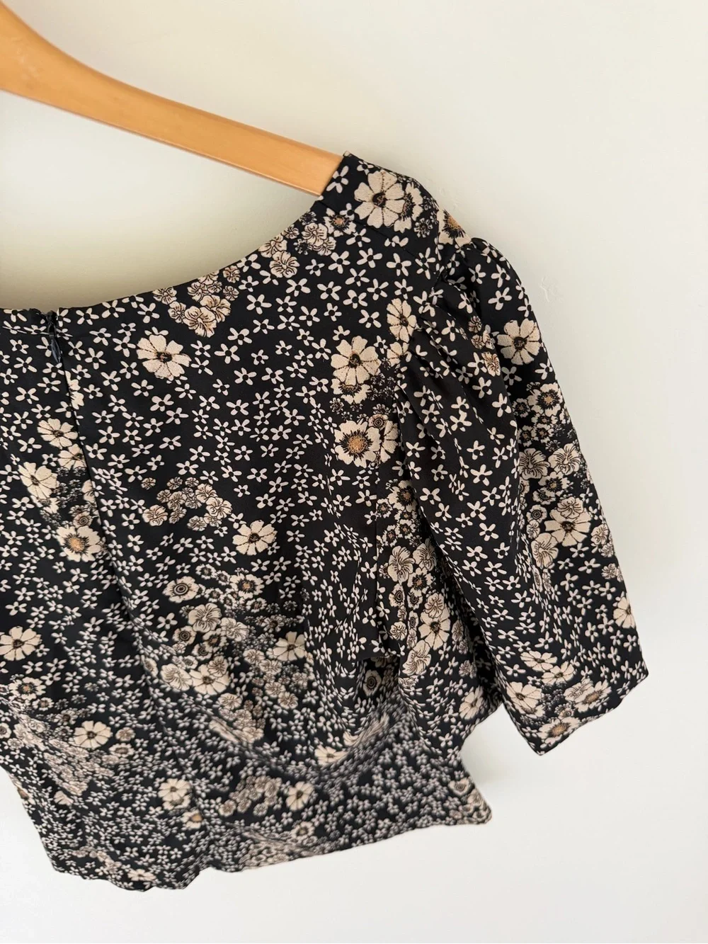 Astr Black Floral Puff Sleeve Blouse with Cream Blossoms